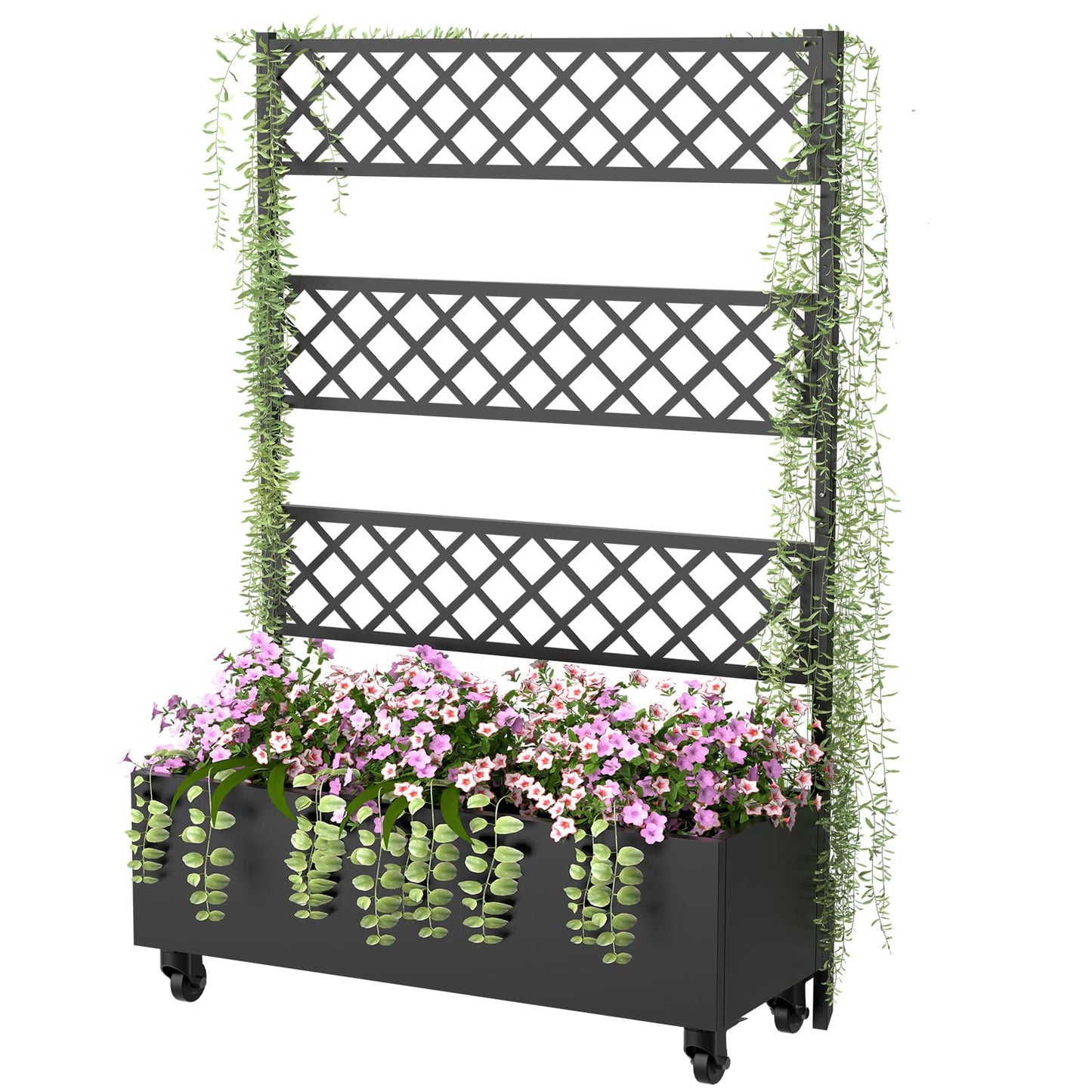 Metal Planter Box with Trellis Privacy Screen, 67"x41"x16" Raised Garden Bed with Trellis, Privacy Planter Boxes, with Planting Bag & Lockable Casters for Climbing Plants,Vegetables,and Vines