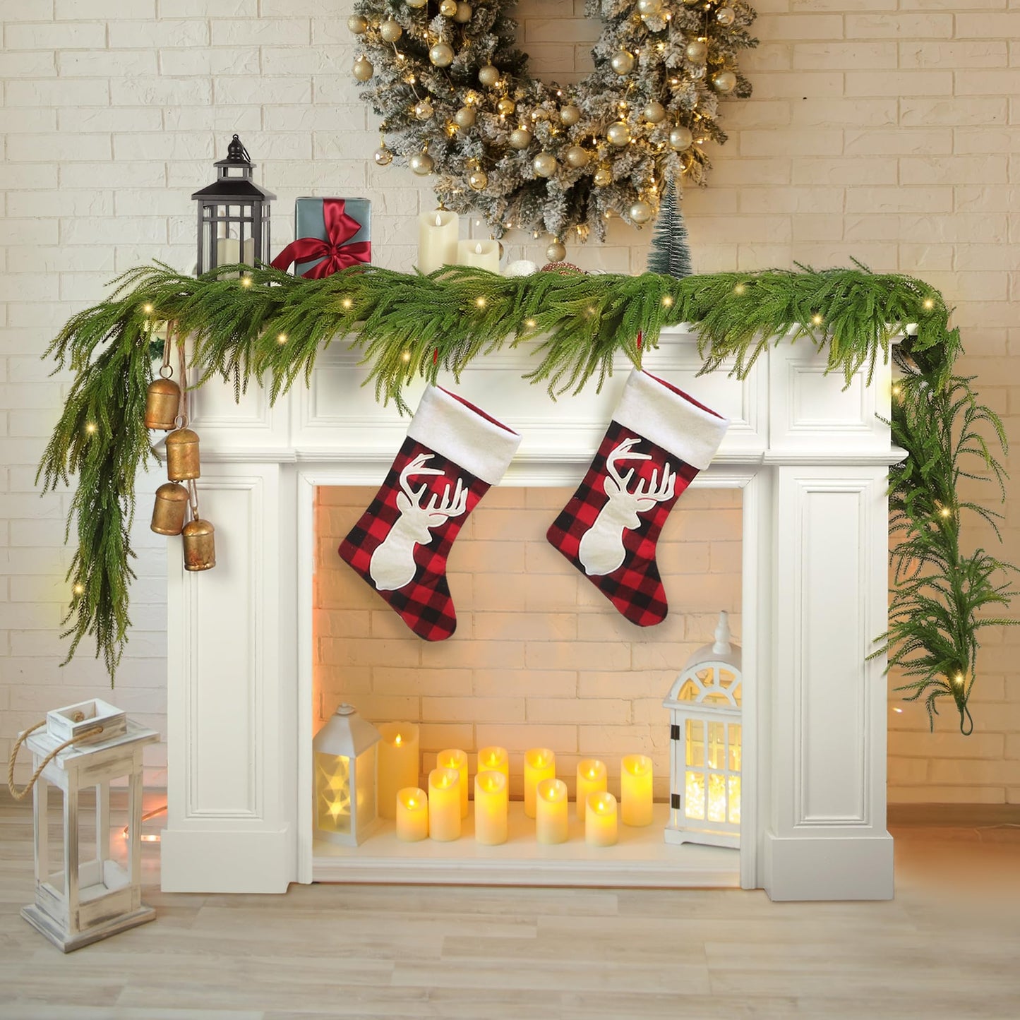 Fovths 1 Pack 9 Feet Christmas Norfolk Garlands Set Artificial Faux Greenery Garland 4 Cow Bell with Jute Hanging Rope Light String Winter Pine Garland for Xmas Indoor Holiday Decor, Green