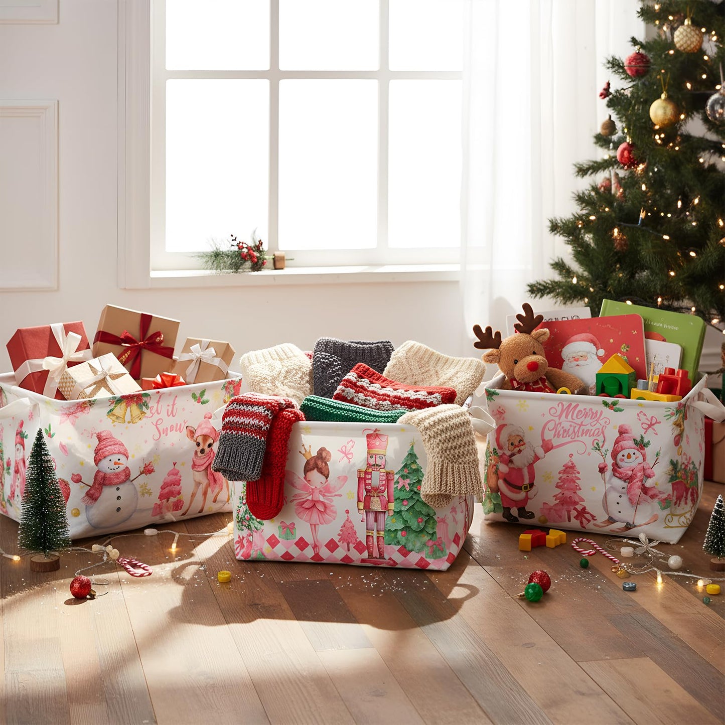 FoldTier 3 Pcs Pink Christmas Baskets Large Christmas Gift Storage Basket with Handles Foldable Snowman Santa Nutcracker Storage Bins Empty Collapsible Holiday Cube Box for Xmas Gifts Toy Clothes Book