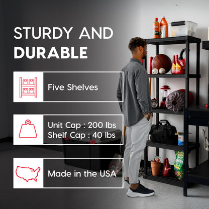 IRIS USA 5-Shelf Light Duty Plastic Storage Shelves, 250lb Capacity, 64"H x 24"W x 12"D, Medium Modular Shelving Unit Storage Organizer for Garage, Home, Bathroom & Laundry, Storage Rack - Black