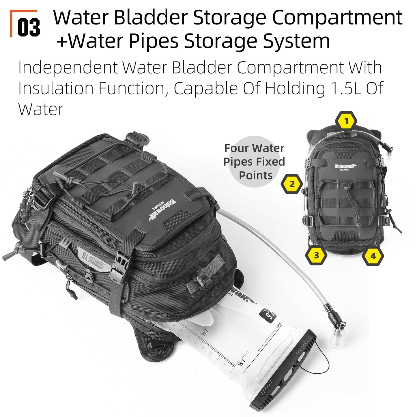 Rhinowalk Motorcycle Tank Bag Travel Luggage Motorcycle Backpack with 1.5L Water Bladder MOLLE System Fits Honda Yamaha Suzuki Kawasaki Harley-Black
