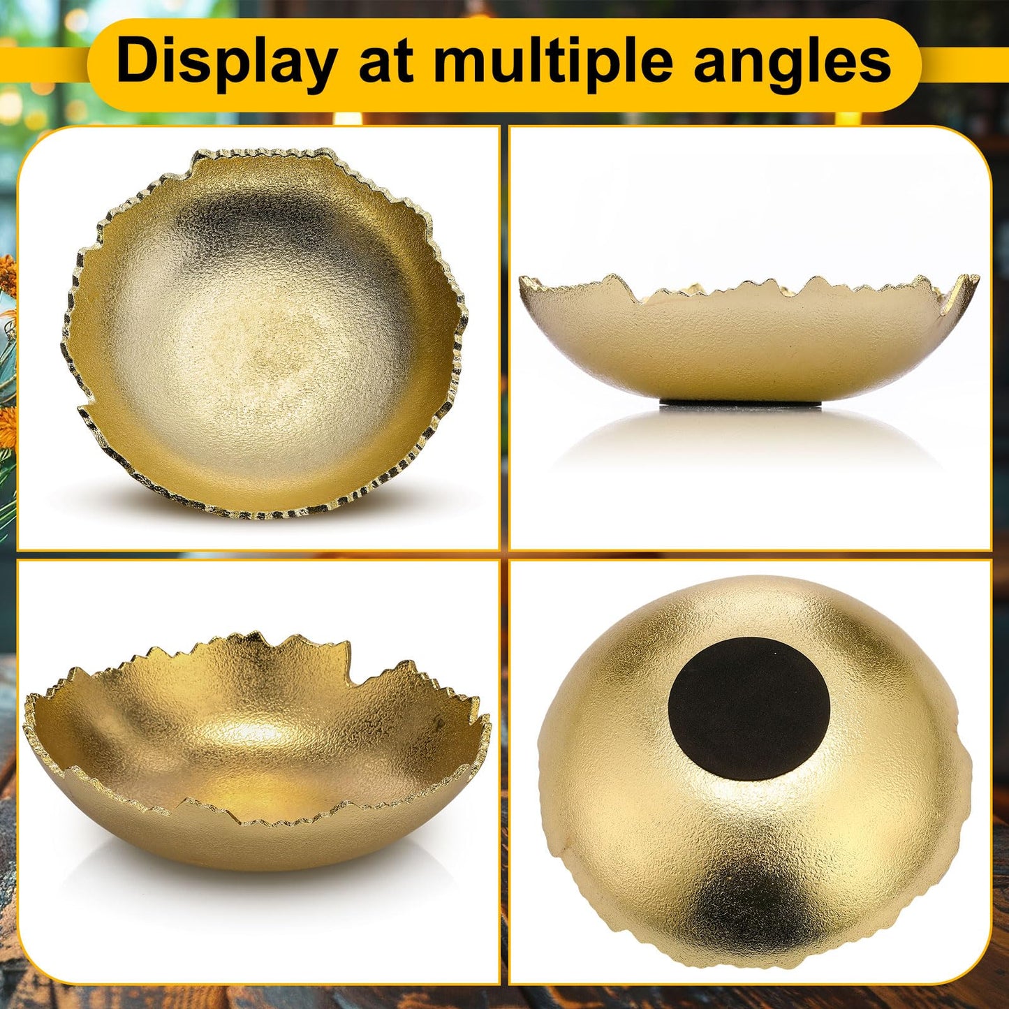 Nuogo 2 Pcs Gold Decorative Bowl for Table Golden Metal Centerpiece with Sculpted Edges Antique Torn Texture Serving Moon Bowl for Key Candy Fruit Tray Home Decorations