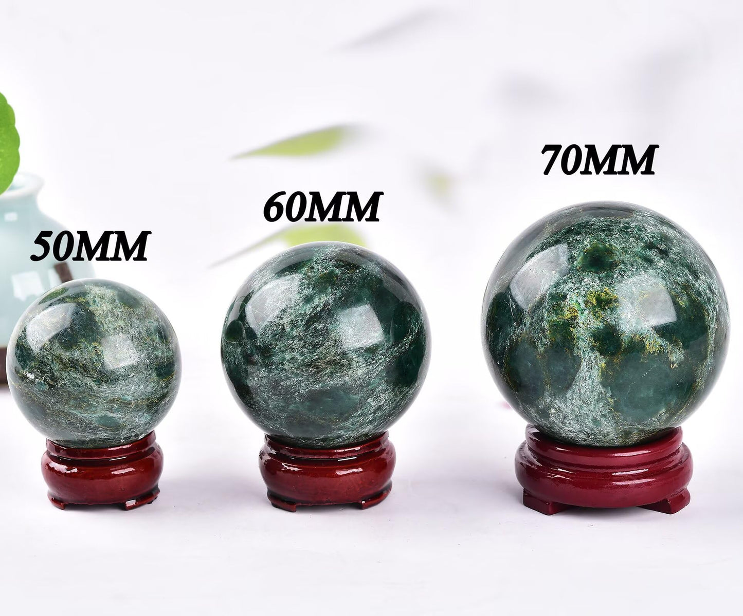VIZYTOU Natural Green Fuchsite Sphere Polished Rock Ball Healing Crystal Stone Sphere with Stand for Reiki Meditation Home Decor Chakra Balancing Witchcraft 50-60MM/2.0-2.3"