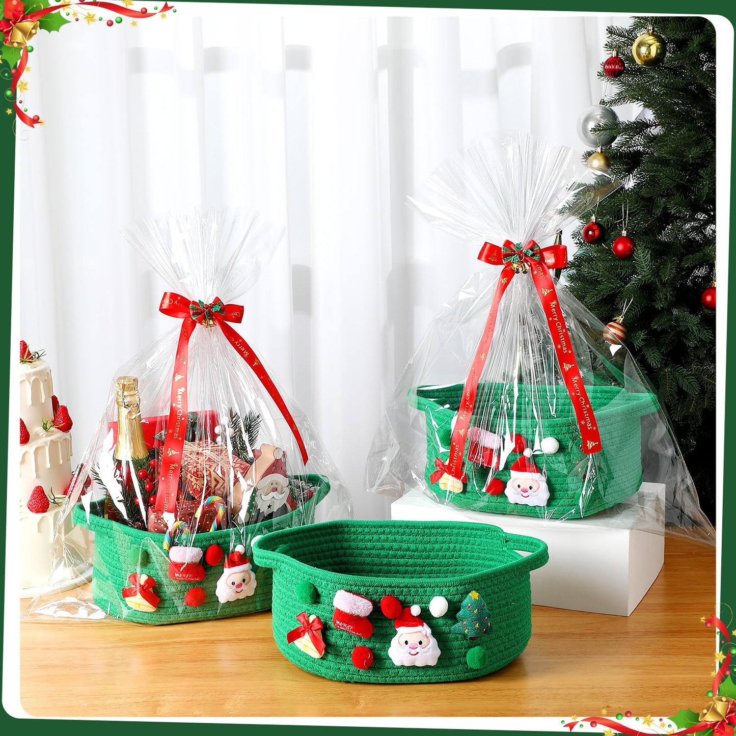 Funnymoom 3 Set Christmas Gift Basket Empty Small Woven Basket with Gift Bag Bow Ribbon Xmas Card 12" x 8" x 5" Cotton Rope Storage Bin with Handle for Christmas Holiday Decoration(Green,Classic)