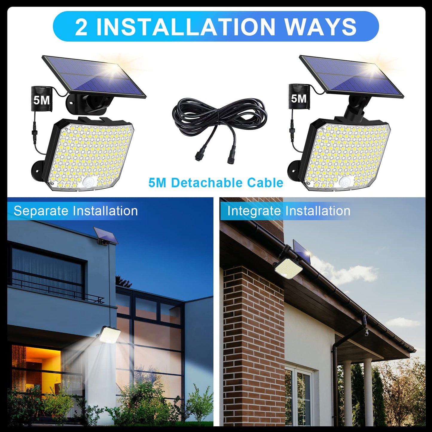 Solar Lights Outdoor, Solar Security Light with Motion Sensor 118 LED Solar Powered Pir Wall Lights with 16.5Ft/5M Cable for Garden, Yard, Pathway - IP65 Waterproof, Separate Solar Panel, 1 Pack