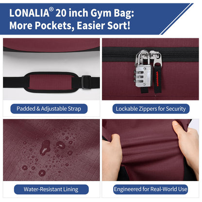 LONALIA 45L Gym Sport Duffle Bag - 20 inch Weekender Overnight Bag for Travel, Workout, Fitness, Training (Maroon-45L)