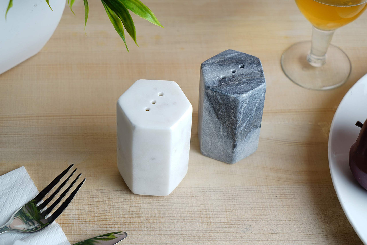 GoCraft Salt and Pepper Shakers Set | Handcrafted White & Black Marble Spice Shakers for Kitchen & Dining Table | Elegant Seasoning Dispenser | Heavy & Durable Stone Salt Pepper Holders (weighs 1 lbs)