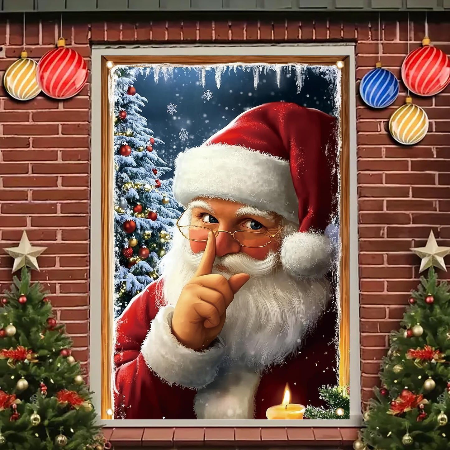 Saoplasa Christmas Window Cover Santa Claus Silent Night Decor Snowy Tree Candle Light Holiday Window Art Panel for Home Living Room Indoor Xmas Decoration 47x31 Inch Winter Wall Hanging Curtain