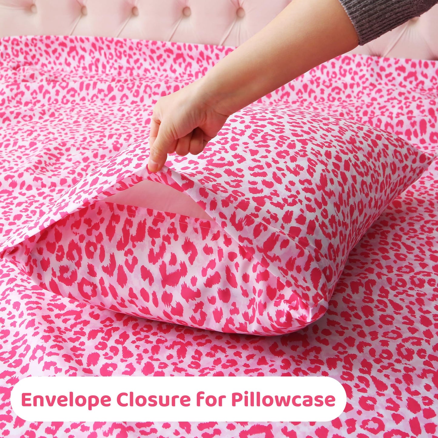 Mooreeke Leopard Cheetah Printed Full Bed Sheets, Soft Microfiber Bedding Sheets & Pillowcases, Deep Pocket Non-Slip Fitted Full Sheet, Pink Animal Pattern Bedsheets