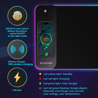 Schkner RGB Gaming Mouse Pad with Wireless Charging 15W, Large Desk Mat 800x300x4mm, 10 Light Modes Keyboard Pad with Non-Slip Rubber Base, Waterproof Mousepad for Gaming PC MacBook Laptop