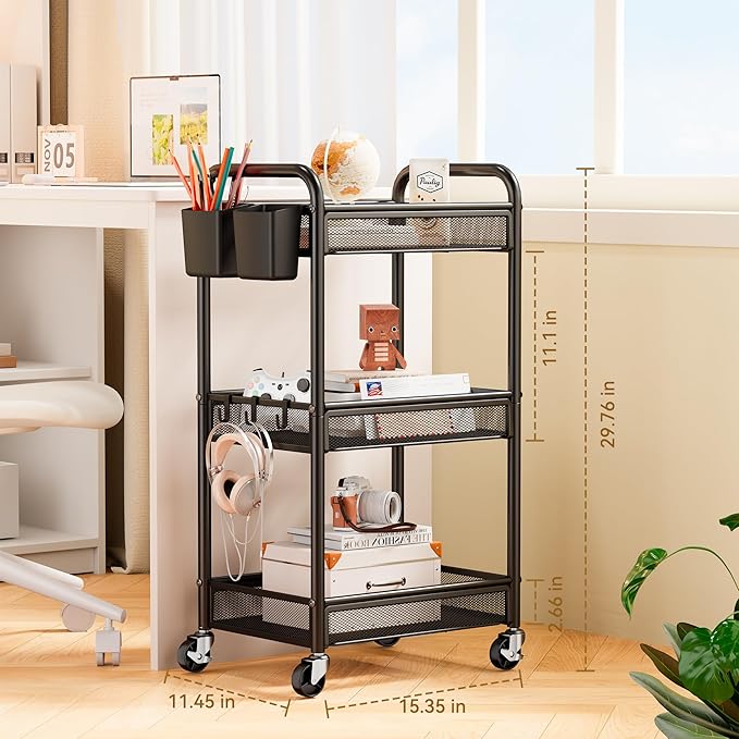 YASONIC 3 Tier Rolling Cart – Metal Utility Storage Carts