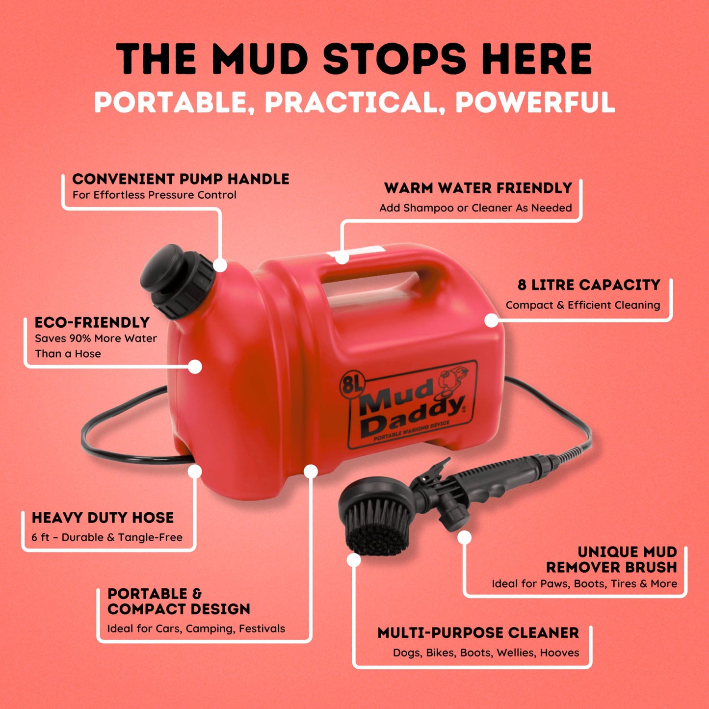 8 Litre Mud Daddy Portable Pet Washing Device | Muddy Walks | Pet Cleaning | Grooming | Red