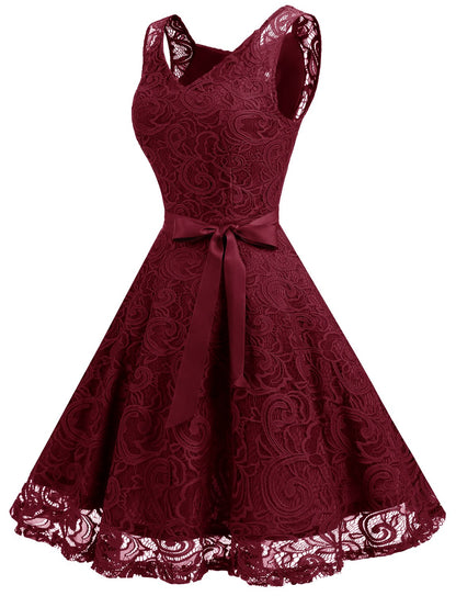 Dressystar 0010 Women Floral Lace Bridesmaid Party Dress Short Prom Dress V Neck Burgundy XXL