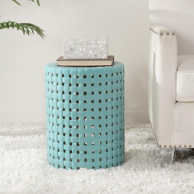 SAFAVIEH Home Collection Sayre Robins Egg Blue Ceramic 18-inch Decorative Accent Garden Stool for Living Room, Bathroom, Patio, Side Table, Plant Stand (Fully Assembled)