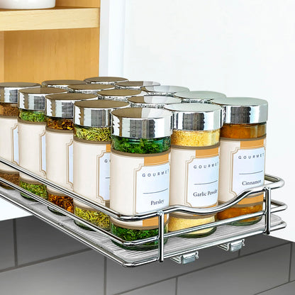 LYNK PROFESSIONAL® Pull Out Spice Rack Organizer for Inside Kitchen Cabinets - 4-1/4 inch Wide - Slide Out Drawer – Chrome Sliding Spice Cabinet Organization Shelf Racks - 2 Tier