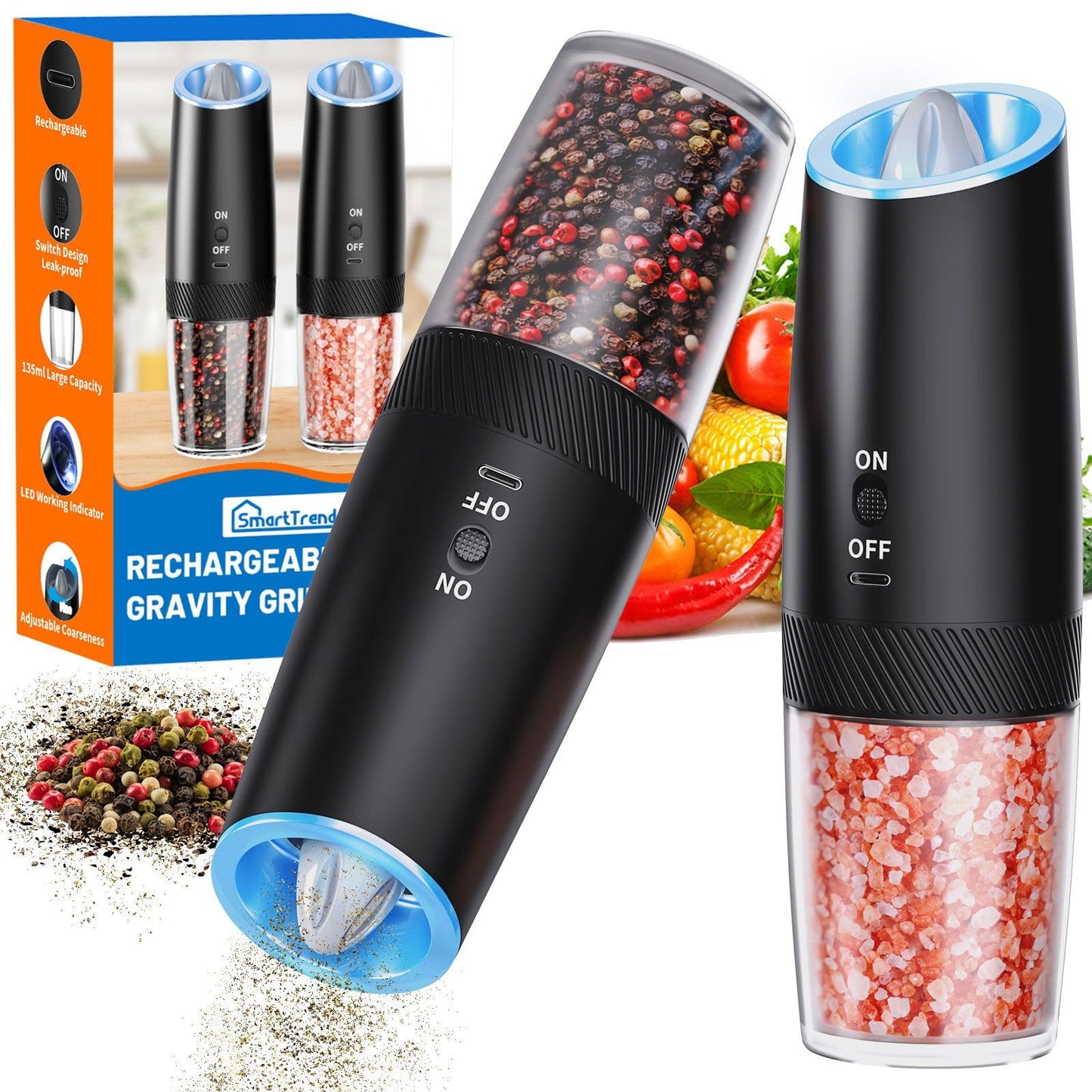 SmartTrends Gravity Electric Salt and Pepper Grinder Set with LED Light, Automatic Rechargeable Pepper Mill Grinder, Adjustable Coarseness for Peppercorn, Large Capacity for Home, Kitchen, 2 Pack