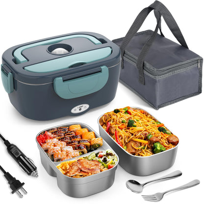Electric Lunch Box Food Heater, 3 in 1 Ultra Quick Heated Lunch Boxes for Adults, 12V/24V/110V Portable Food Warmer for Car/Truck/Office With Fork Spoon and Insulated Carry Bag
