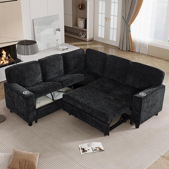L-Shaped Sectional Couch with Storage and Pull Out Bed, Convertible Sofa Bed