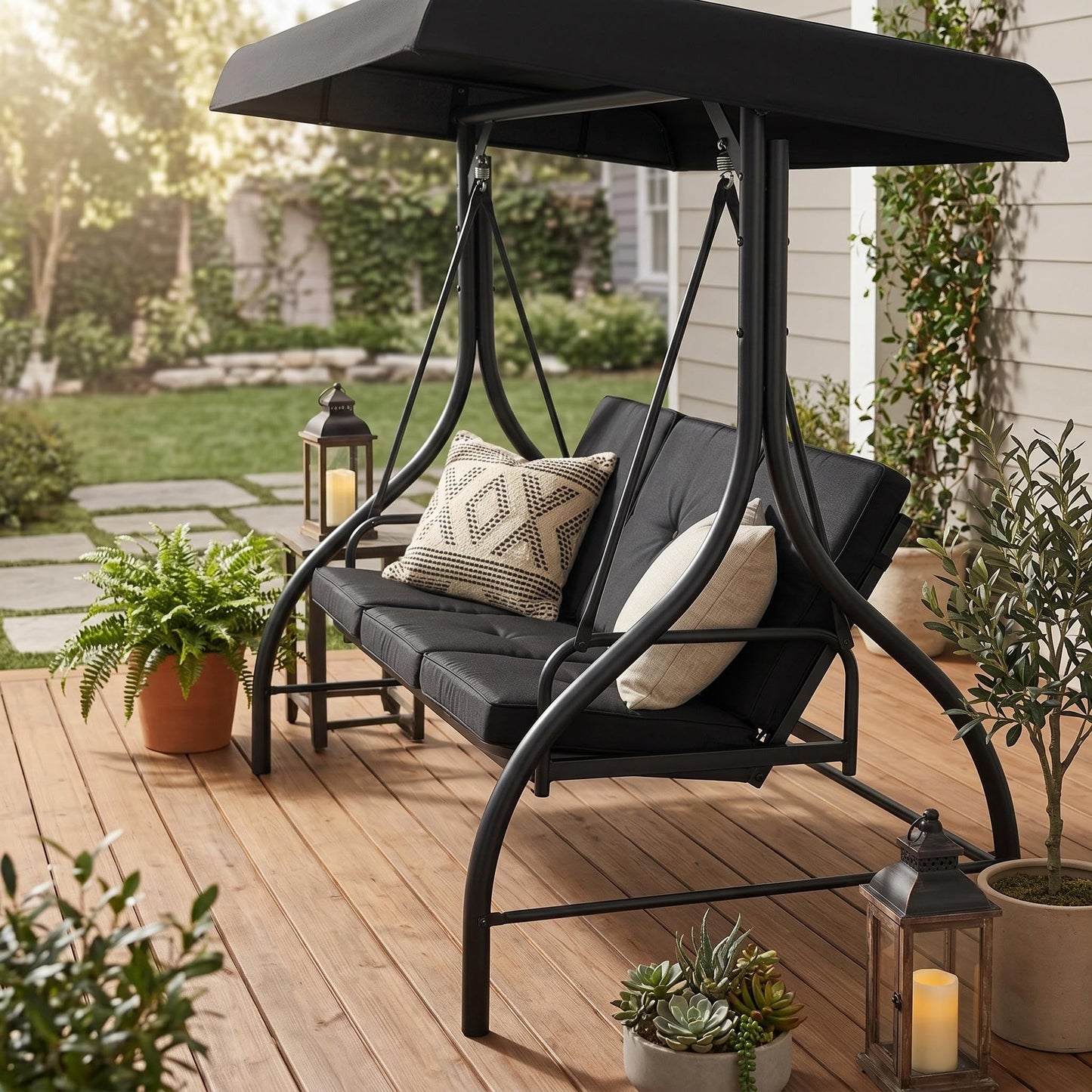 Garvee 3 Seater Outdoor Porch Swing with Stand for Adults, 2-in-1 Convertible Design Patio Swing, Thick Soft Cushion & Adjustable Removable Canopy, for Backyard Garden Patio Poolside - Black