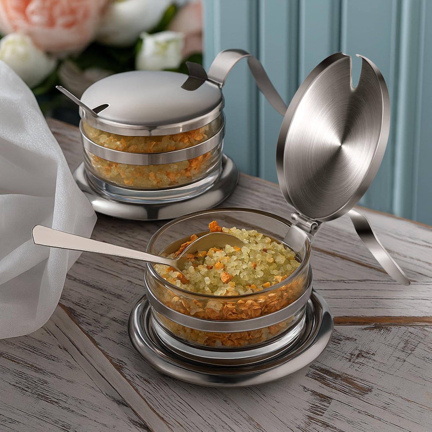 Honeydak 2 Set Stainless Steel Salt Cellar with Spoon 6.76 oz Salt Container with Spoon for Countertop, Seasoning Storage for Kosher, Sea, Candy, Pepper, Heavyweight Seasoning Jar