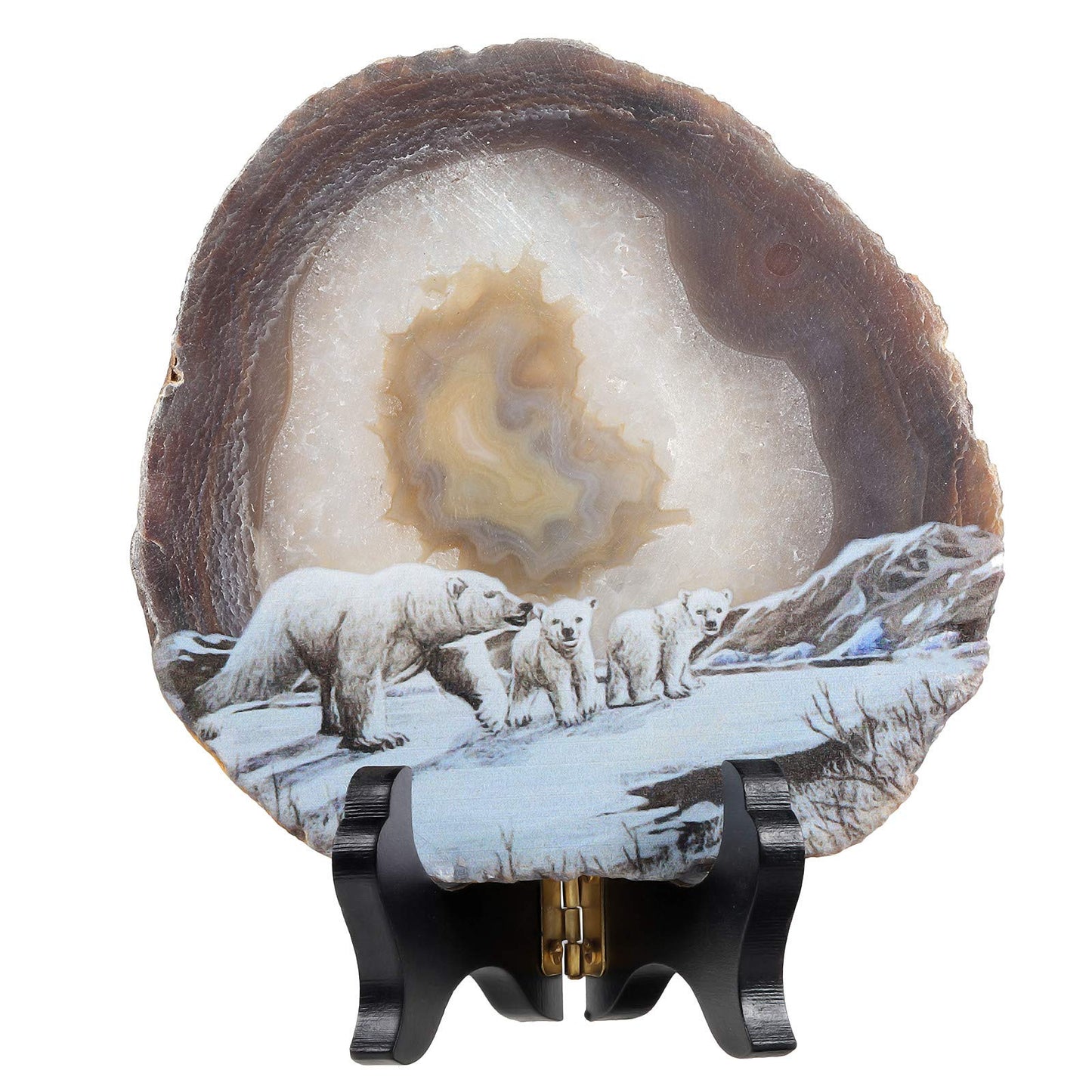 Rockcloud Polar Bears Agate Slab Display with Wooden Stand Irregular Shape Aagte Slice Stone Home Office Desk Ornament