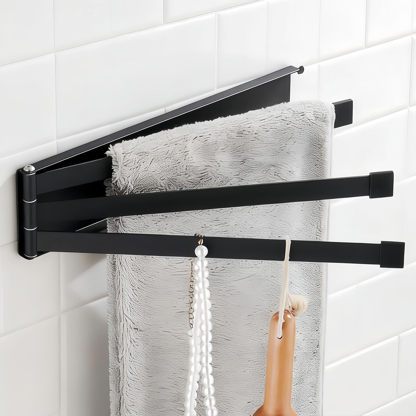 Small Swivel Foldable Towel Rack, Elfthloo 24cm(9.45 in) Rotating 3-Arm Towel Bar Rod, Space Saving Wall Mounted Holder, Stainless Steel Swing Out Hanger for Bathroom, Kitchen (1 Pack, Matte Black)