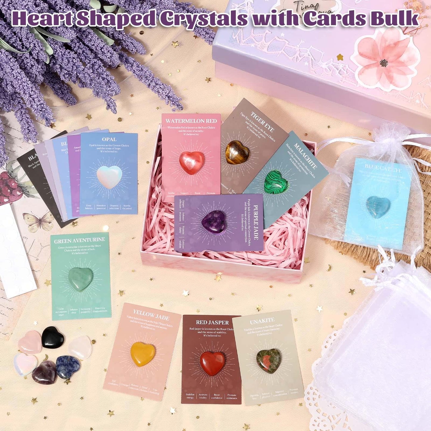 15Pcs Heart Crystals and Healing Stones Bulk, 0.8" Natural Polished Heart Shaped Rocks Gemstones with Meaning Cards for Meditation Balancing Chakra Reiki Spiritual Valentines Mother's Day Gifts