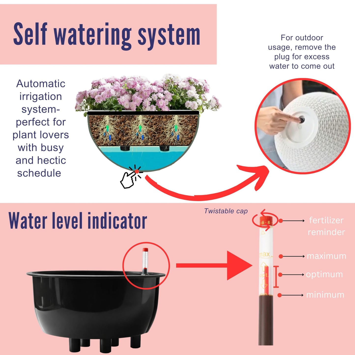 LaLaGreen Hanging Planters for Indoor Plants (11 Inch, 3 Pack) Brown Rattan Style Self-Watering Flower Pots with Water Level Indicator, Plastic Baskets with Metal Chain for Balcony, Porch Garden Decor