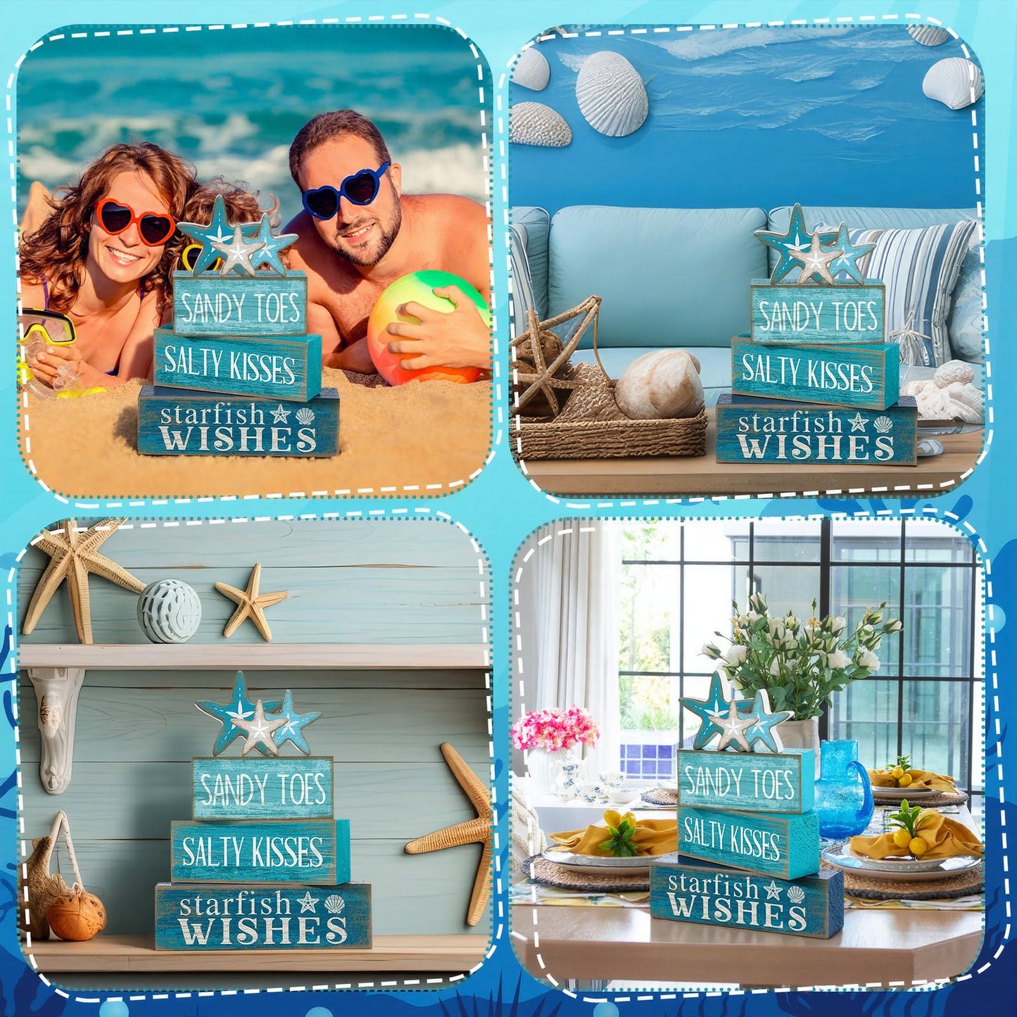 Yuntau 4 Pcs Summer Table Decorations Beach Tiered Tray Decor Starfish Coastal Rustic Wooden Block Sign Stacked Book Nautical Table Centerpiece for Farmhouse Home Living Room Office Desk Shelf Mantel
