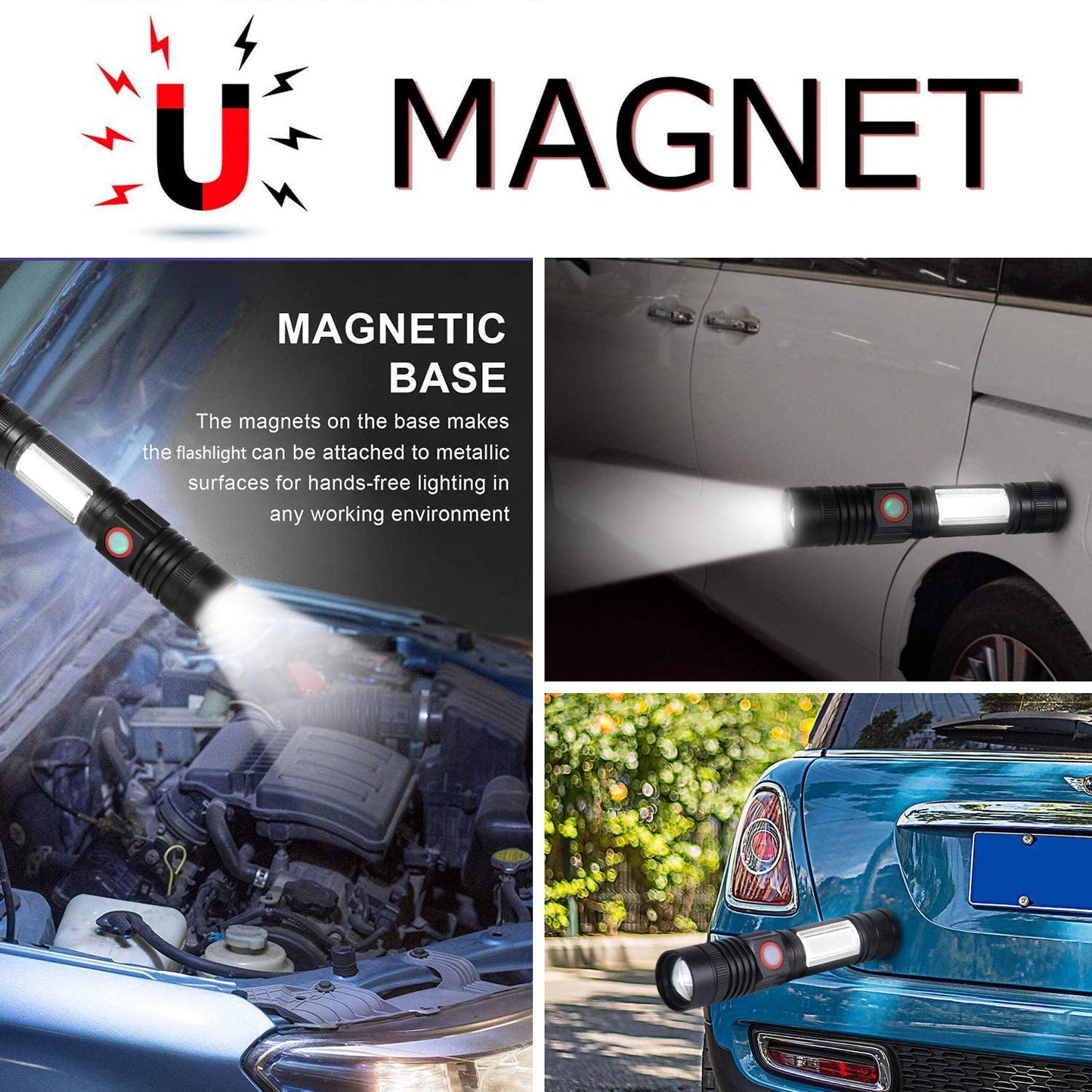 REHKITTZ Torch LED 2000 Lumen Super Bright,2500 mAh High Capacity Rechargeable Pocket Size Torches with Magnet and COB Work Light,Powerful Flashlight for Hiking, Camping, and Walking(2 Pack)