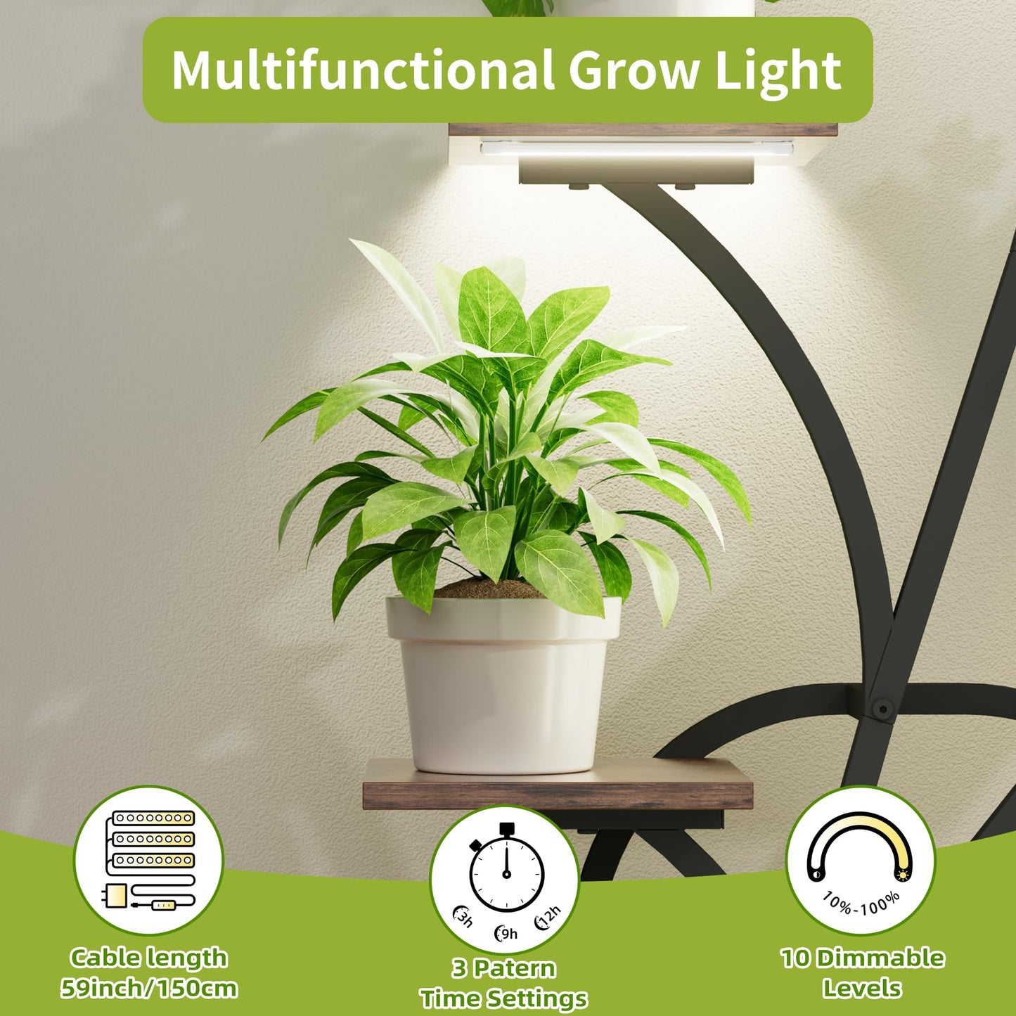 BEVAURORA Plant Stand Indoor with Grow Lights - 51" Tall Plant Stand, Corner Plant Shelf for Indoor Plants, 8 Tiered Lighted Flower Holder, Vase-shaped Plant Rack for Home, Black & Brown
