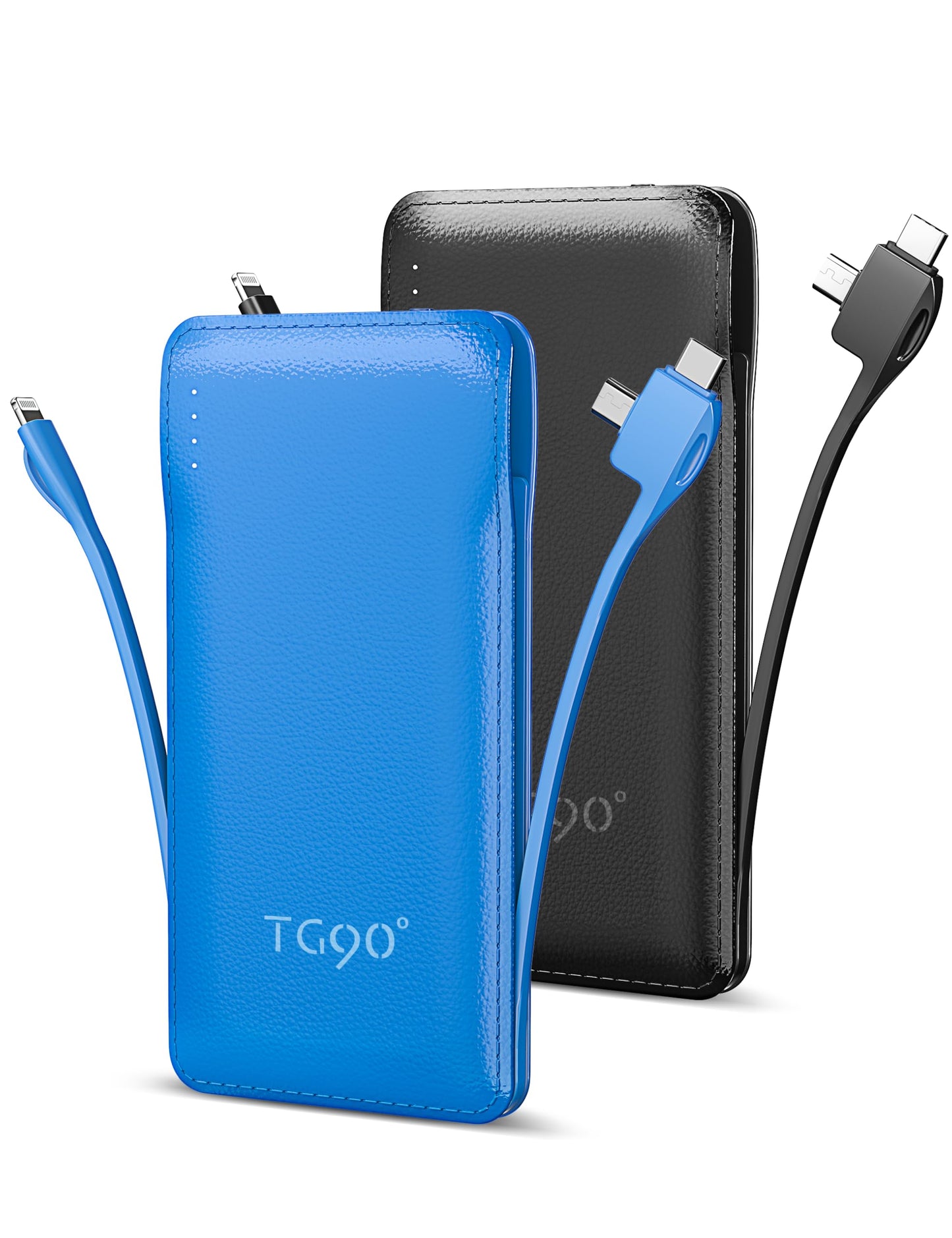 TG90° Portable Charger 10000mah Cell Phone Battery Backup, Ultra Slim Power Bank with Built in Lightning and USB-C Cable, Portable Phone Charger Battery Packs Compatible with iPhone Android Phones