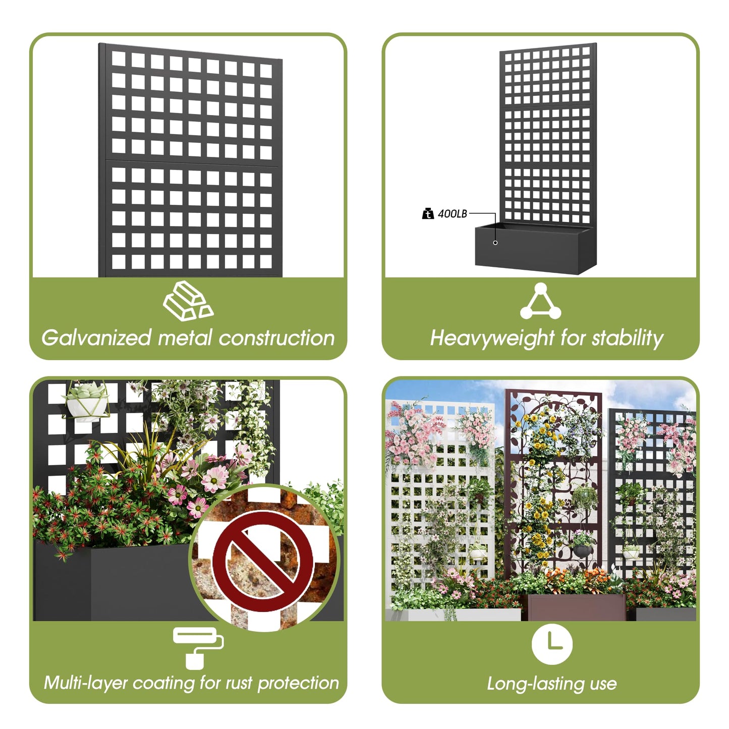 UPHYB Metal Planter Box with Trellis, 71"x 35"x 16" Raised Garden Bed with Trellis, Planter Box Trellis with Privacy Screen and Drainage Holes, Black