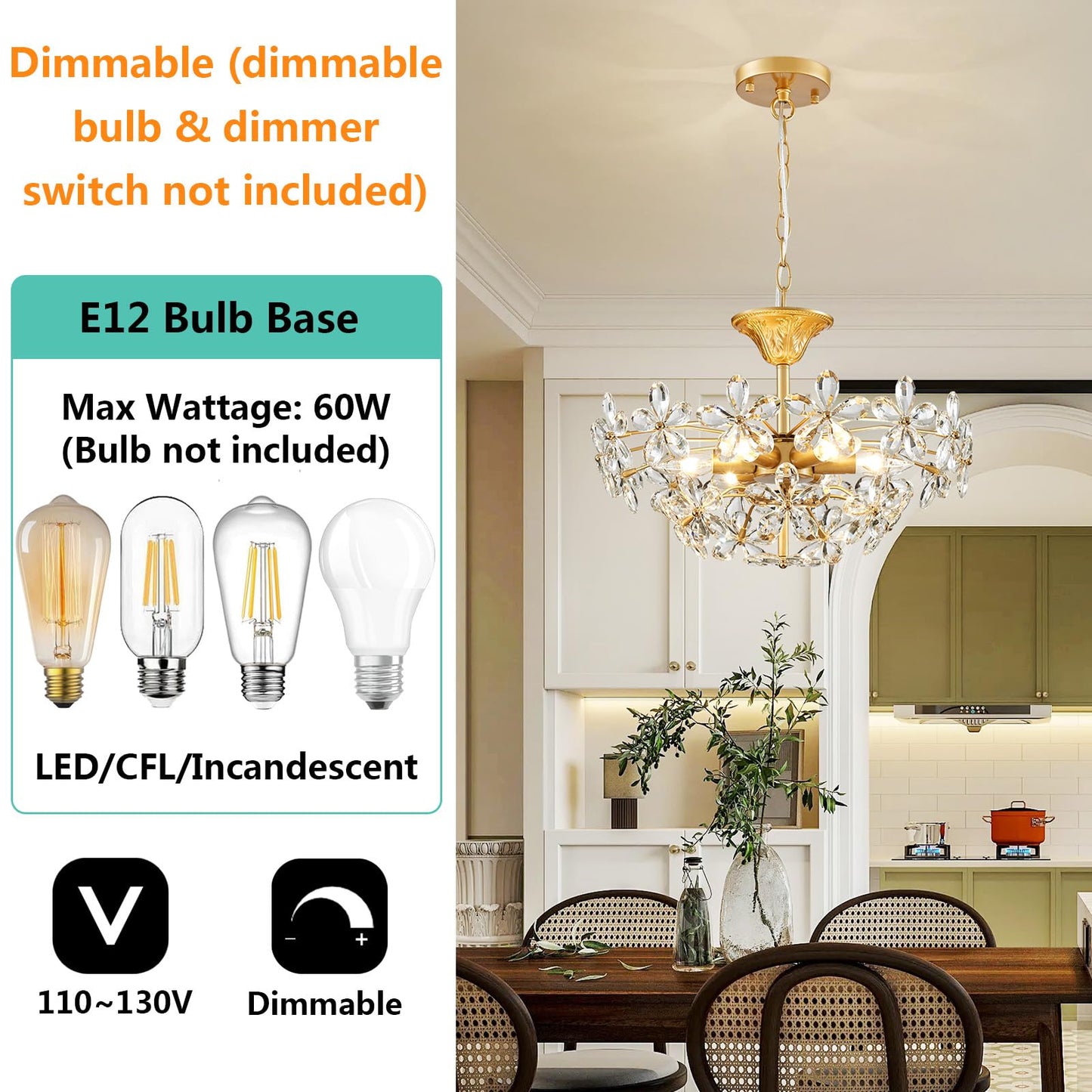 GlowEasely K9 Crystal Flower Chandelier for Dining Room, Living Room, Bedroom, Hallway, Kids Room, Foyer, Gold, Mayflower 6-Light Modern Pendant Chandelier, E12 Socket, D18.3 * H16~41inch (Adjustable)