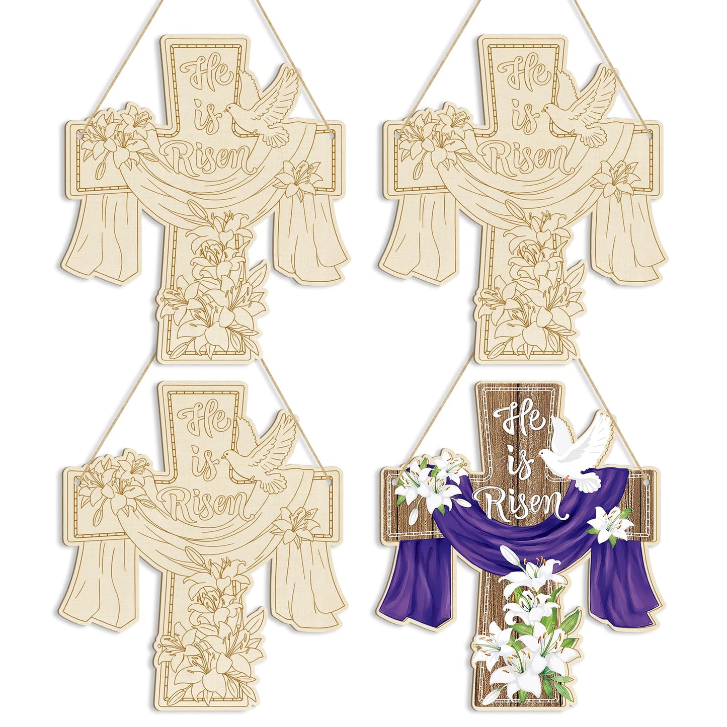 Large Size 12" Wooden Easter Ornaments to Paint,Wooden DIY Blank Unfinished Christian Religious Ornament Happy Easter Jesus He is Risen Door Sign Lily Cross Hanging Plaque Crafts Hanging Decorations