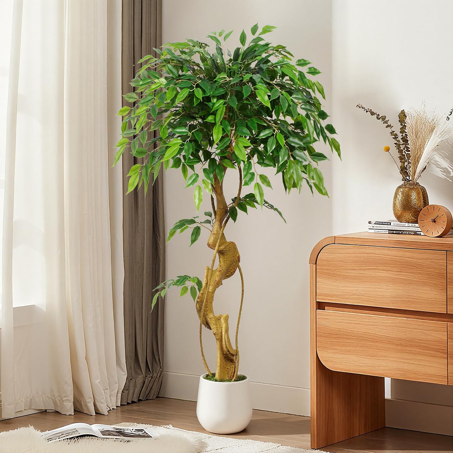 Keeplush 4ft Large Ficus Artificial Trees in White Pot, 48" Tall Fake Silk Tree with Natural Curved Trunk, Lush Faux Ficus Tree for Indoor Home Decor, Living Room, Office & Patio