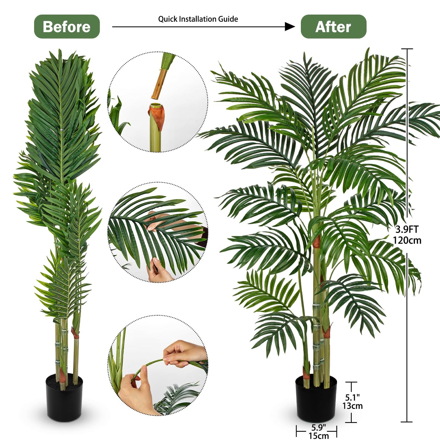 Hollyone Fake Palm Tree Decor 4FT with Planter Artificial Palm Tree Faux Tropical Areca Floor Plant in Pot with 3 Textured Trunks Silk Plant for Home Garden Outdoor Indoor Office Decor