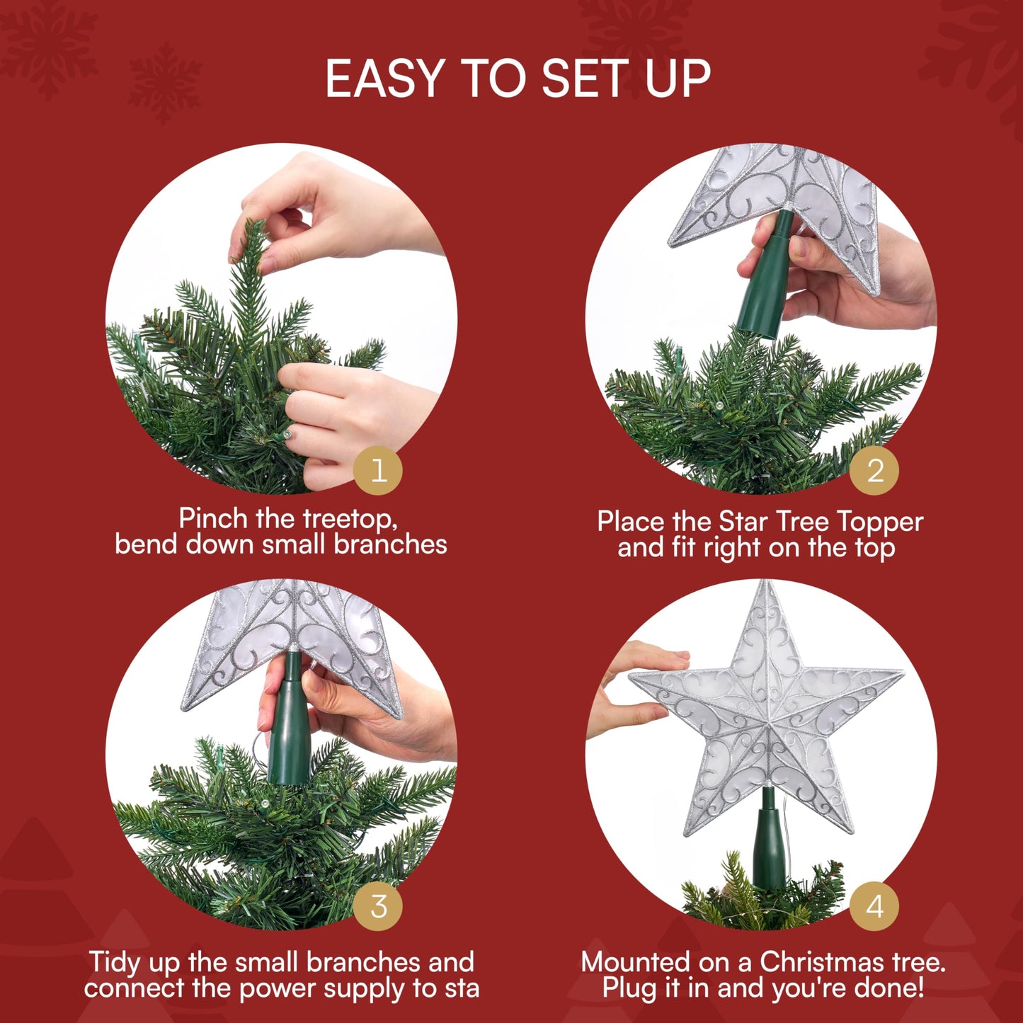 JOIEDOMI 9 inch Silver PVC Star Christmas Tree Topper, with 10 Warm White Light Glitter Swirl Battery Powered Indoor Decorations for Home Holiday Xmas Party