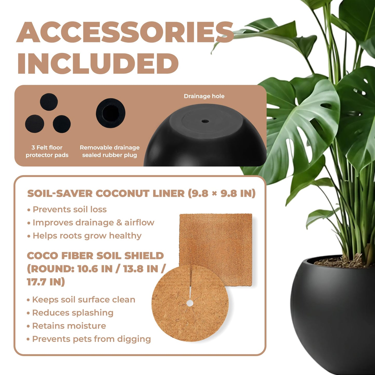 DEPLA LANE Marlo Fiberstone Round Planter, Lightweight, Durable (11.6" Pot Opening x 16.9"D x 13.4"H) Smooth Finishes, UV Resistant, Modern Minimalist Home Decor, Indoor Outdoor Plant Pot (M, Black)