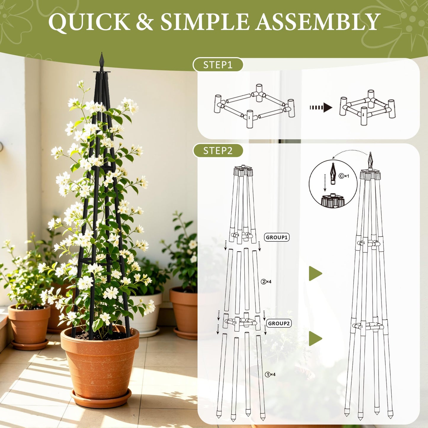 Obelisk Trellis for Climbing Plants Outdoor,4.0 Ft Garden Trellis for Potted Plants, Metal Trellis with Anti-Rust Coated for Potted Plants Indoor, Plant Support for Vegetables, Vines