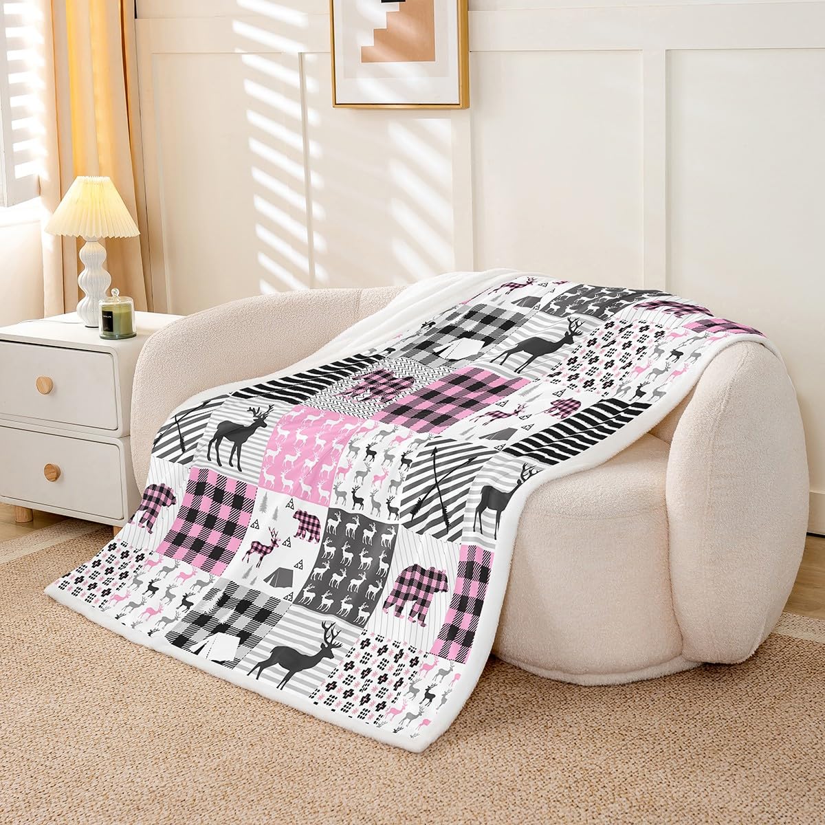 Deer Fleece Throw Blanket for Girls Boys - Pink Plaid Bear Antlers Plush Sherpa for Hunting and Camping - Bear Moose Lodge Patchwork Fuzzy Geometric Room Decor - Baby 30"x40"