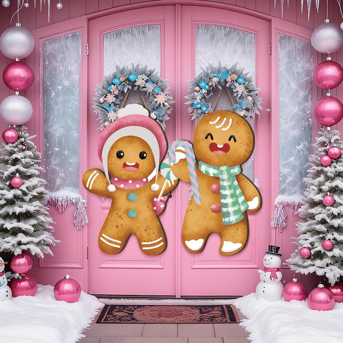 2 Pcs Pastel Gingerbread Christmas Decorations Christmas Wreath Hanging Sign for Front Door Candyland Wooden Welcome Signs Gingerbread Man Hanging Signs Ginger Bread Decor for Holiday