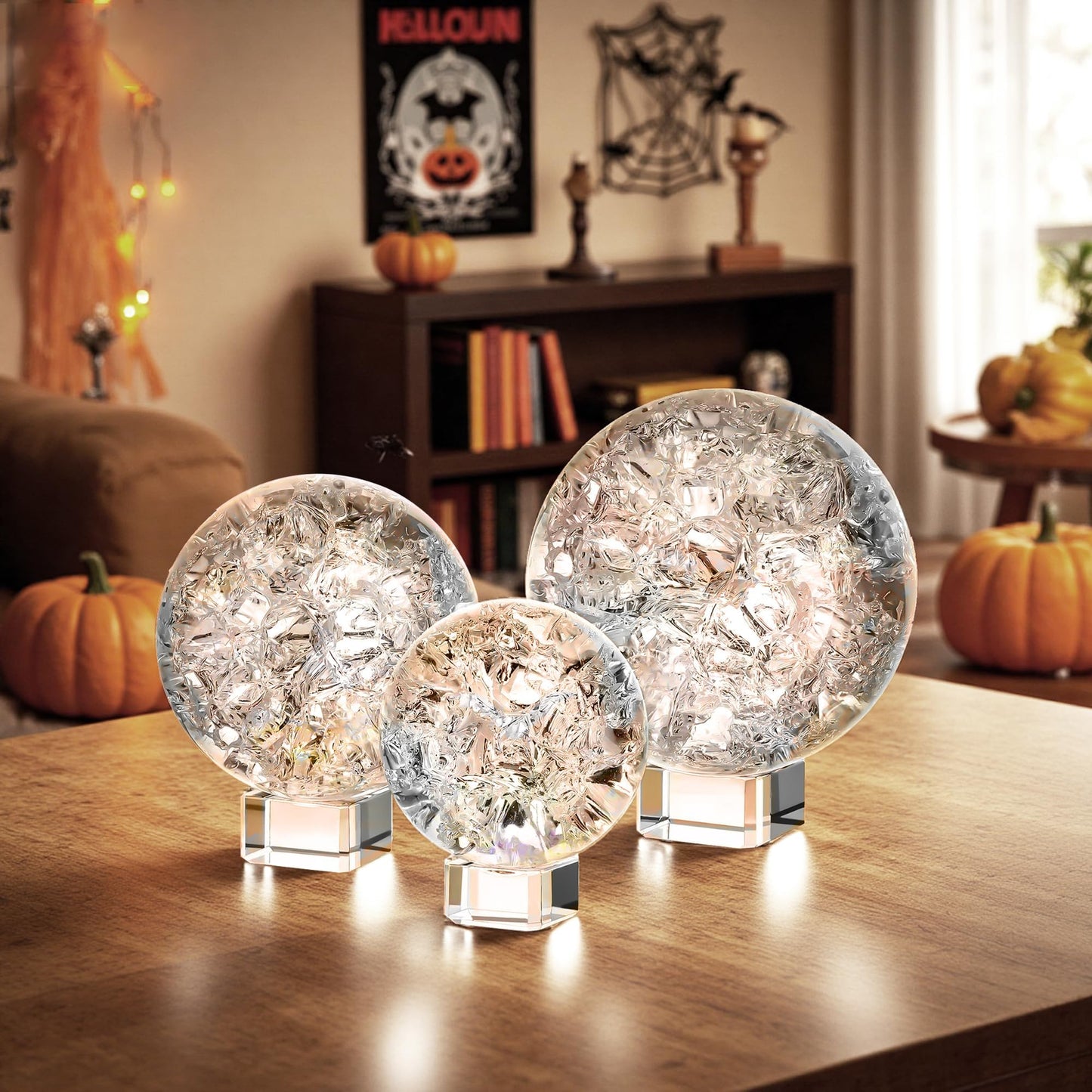 ZEERSHEE 3pcs Clear Ice Crack Glass Orb Set with Display Stands, 2.4"/3.1"/3.9" Decorative Art Spheres for Home Decor, Office Desk Accent, Bookshelf Styling and Gift Giving