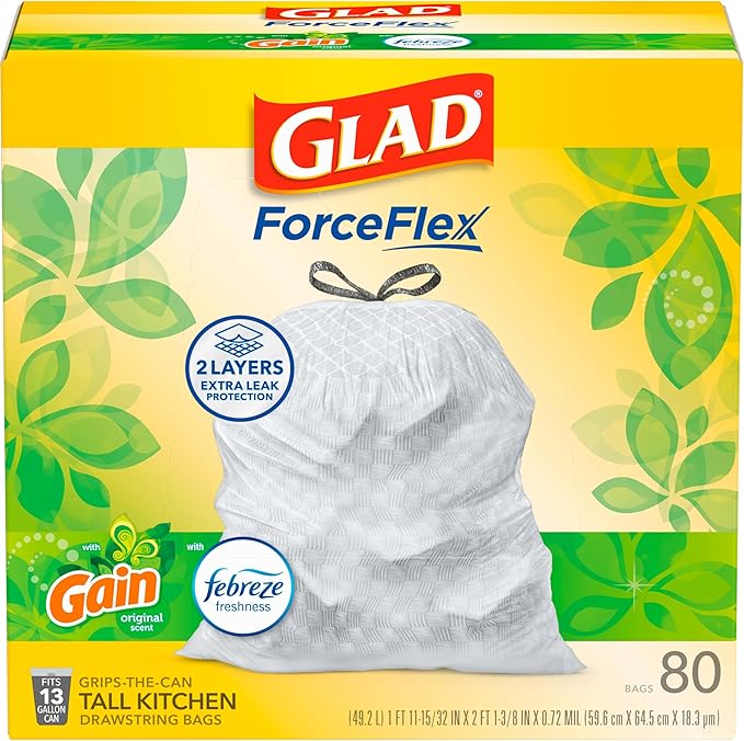 Glad ForceFlex Tall Kitchen Drawstring Trash Bags, 13 Gal, Gain Original