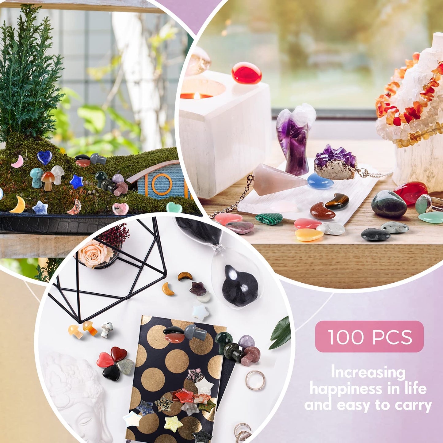 Nuenen 100 Pieces Crystal Bulk Mushroom Sculpture Valentine Heart Shaped Moon Star Crystals Stones Worry Stones Assorted Hand Making Palm Thumb Gemstones for Meditation Reiki Balancing
