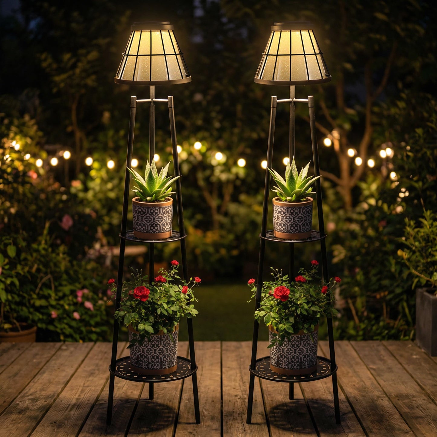 Solgicar 2 Pack Solar Lights with Plant Stands, 45.4'' Waterproof Outdoor Metal Solar Floor Lamps for Patio Deck Yard Pathway Porch Garden
