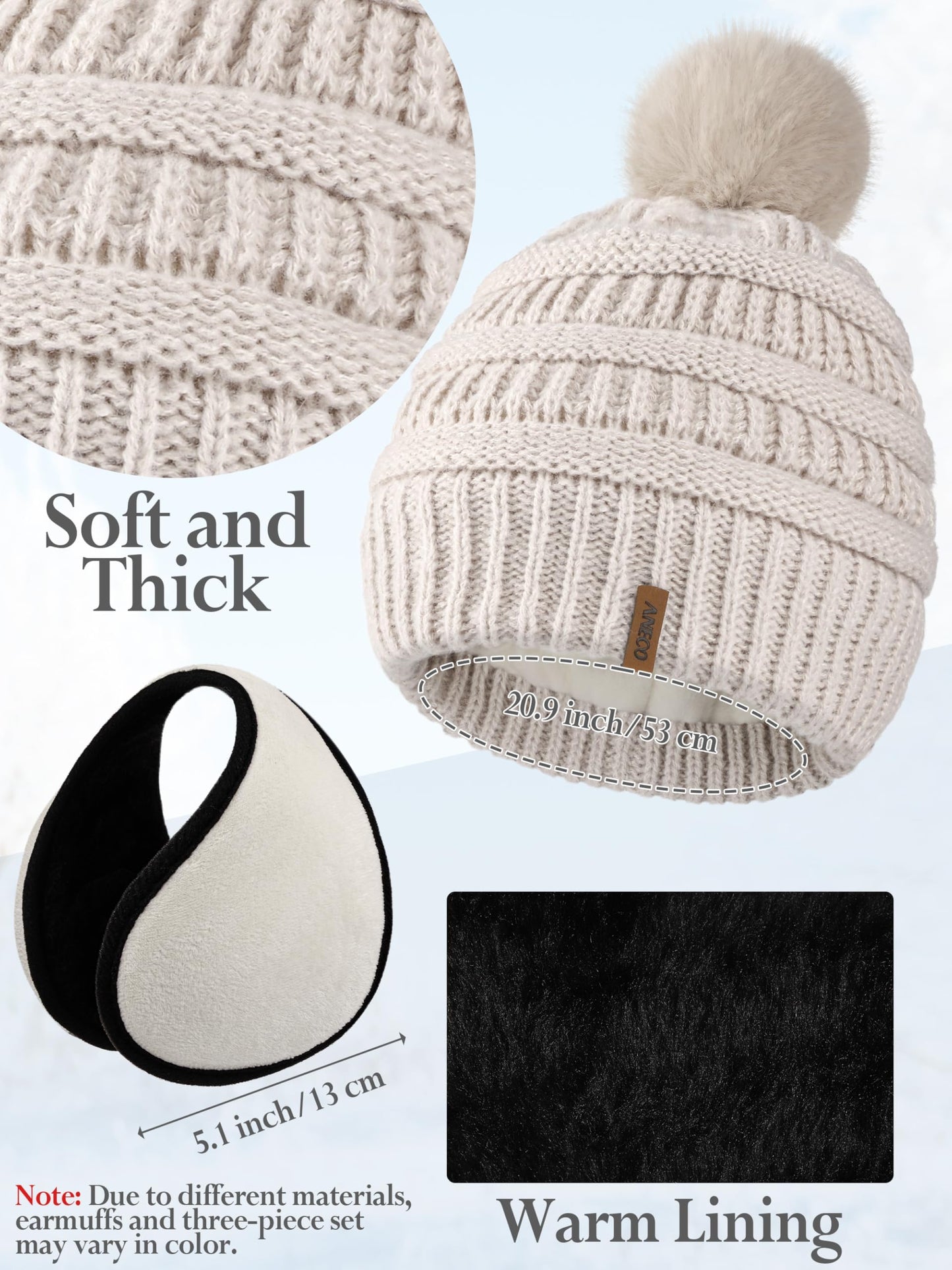 Aneco 4-in-1 Women Winter Beanie Hat Scarf Touchscreen Gloves Ear Warmer Set Fleece Lined Warm Knit Skull Cap with Pom Pom Oatmeal
