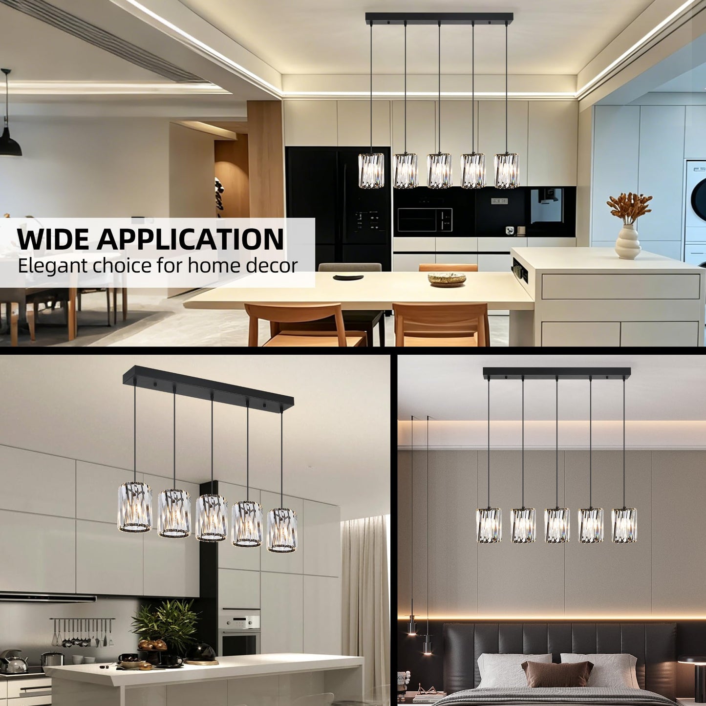 BESTWEST Linear Crystal Chandelier 5-Light Black, K9 Crystal Island Pendant Lighting Large Rectangular Ceiling Light Fixture, Adjustable Hanging Light for Kitchen Island Dining Room Living Room, E26