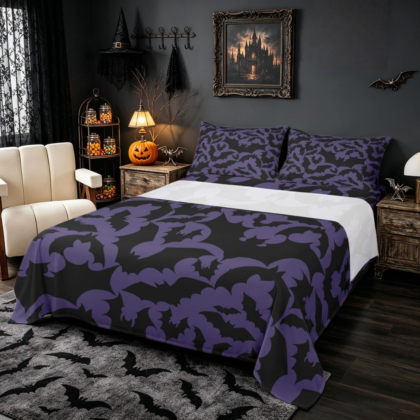 Castle Fairy Halloween Themed Bed Sheet Set Twin Size,Black Bats Animal Print Fitted Sheet + 1 Flat + 1 Pillow Sham,Dark Purple Color Bed Mattress Cover for Kids Boys Xmas Gift,Ultra Soft
