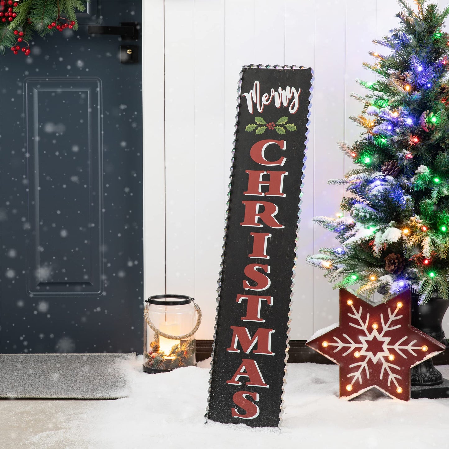 Glitzhome 35"H Rustic Wooden Sign Black Merry Christmas Vertical Porch Sign Farmhouse Standing Christmas Welcome Sign Xmas Hanging Décor Holiday Party Sign Wall Door Decorations
